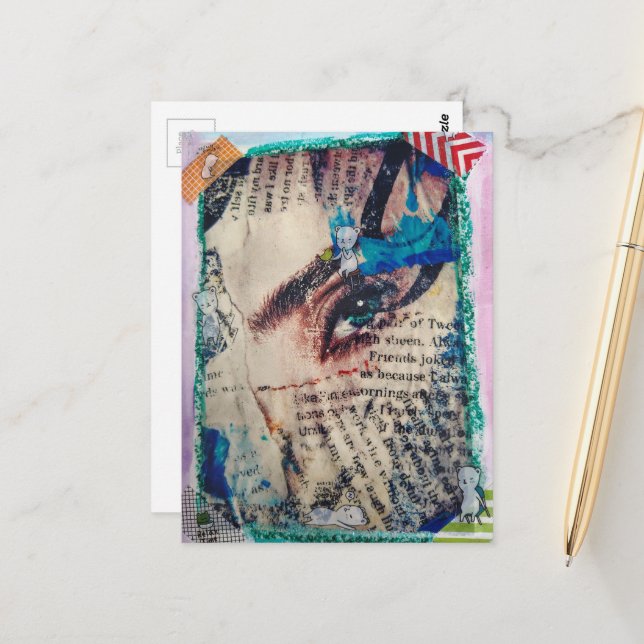 Carte Postale A face abstract mixed media collage (Devant/Arrière en situation)