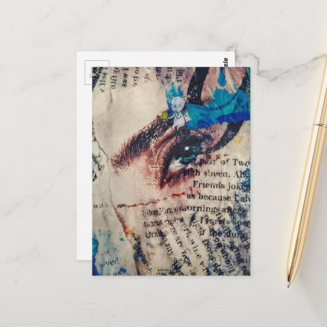 Carte Postale A face and words abstract mixed media collage (Devant/Arrière en situation)