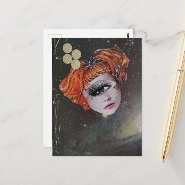 Carte Postale A face in space mixed media collage (Devant/Arrière en situation)