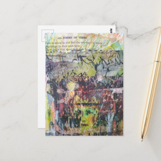 Carte Postale A face mixed media collage forms of verbs (Devant/Arrière en situation)