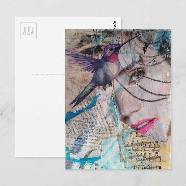 Carte Postale A Face n Hummingbird Abstract Mixed Media Collage (Devant / Derrière)