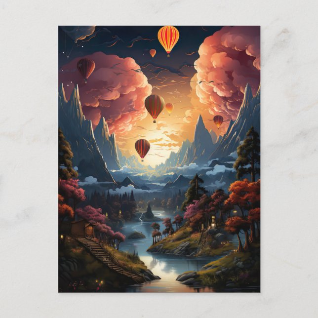 Carte Postale A hot air balloon flies over à asian landscape (Devant)