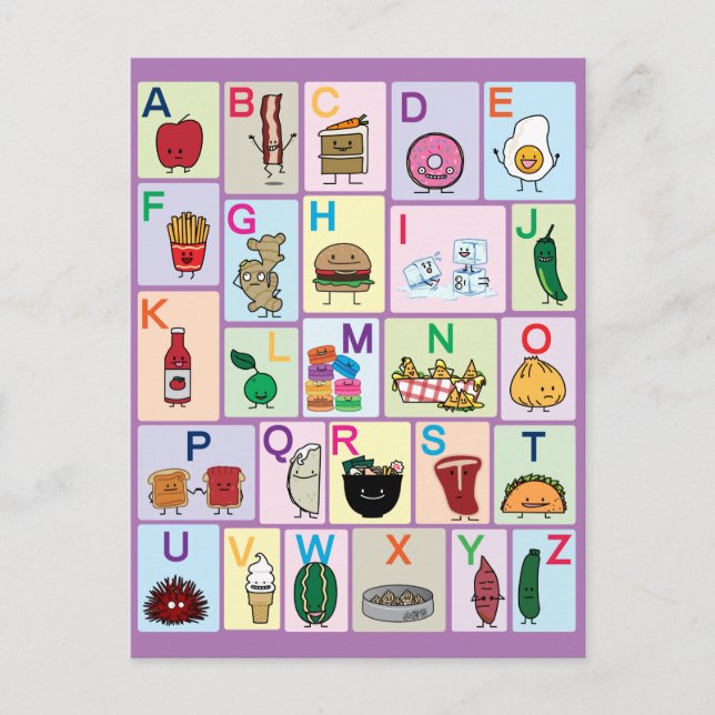 Carte Postale ABC Alphabet lettres d'apprentissage aliments heur (Devant)