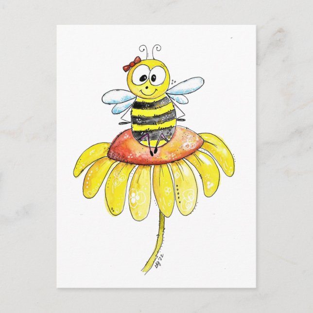 Carte Postale Abeille blanche mignonne sur une fleur (Devant)