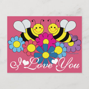 Carte Postale Abeilles et fleurs Design graphique Je t'aime