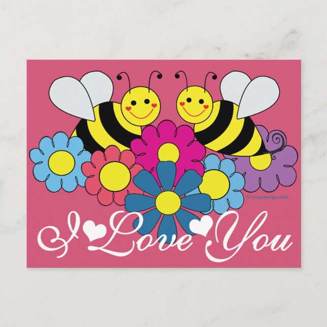 Carte Postale Abeilles et fleurs Design graphique Je t'aime (Devant)
