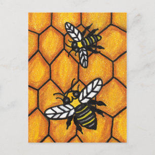 Carte Postale Abeilles jaunes noires Ailes blanches sur peigne d
