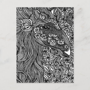 Carte Postale Abstract Horse face Flowers Original ink Art
