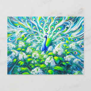 Carte Postale Abstract Peacock avec Bird Cherry Blossoms Paint