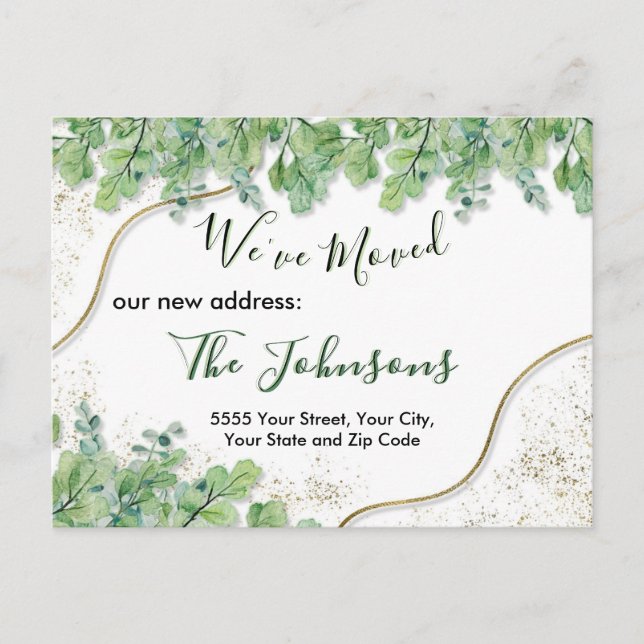 Carte Postale Accueil Moving Faire-part Gold Green Eucalyptus (Devant)