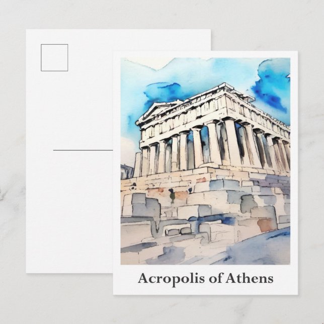 Carte Postale Acropole d'Athènes Grèce Aquarelle Voyage (Devant / Derrière)
