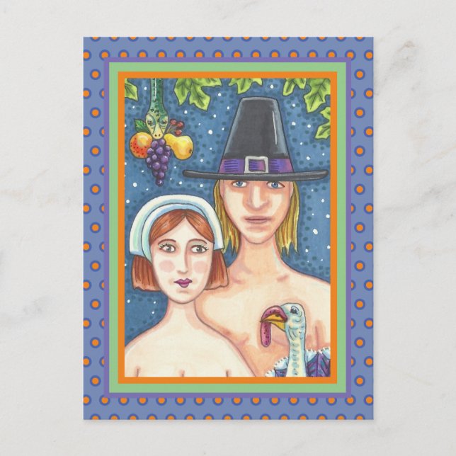CARTE POSTALE ADAM & EVE PILGRIMS, BIBLICAL WHIMSY MERCI (Devant)