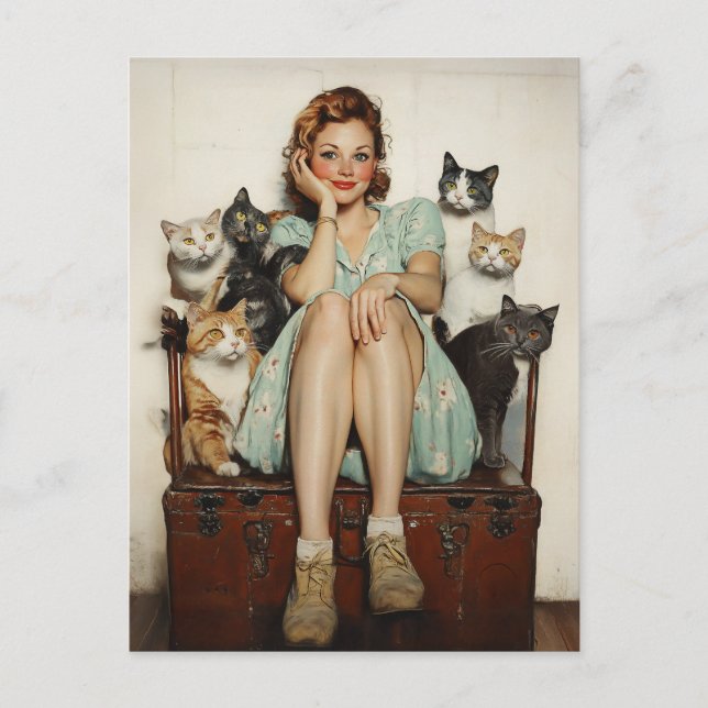 Carte Postale Adopter les vibes rétro de la folle aux chats (Devant)