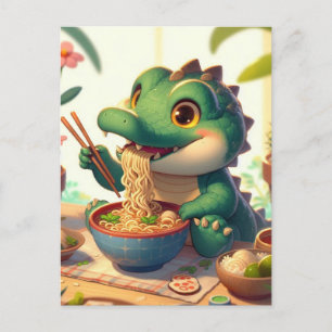 Carte Postale Adorable Alligator Manger des nouilles