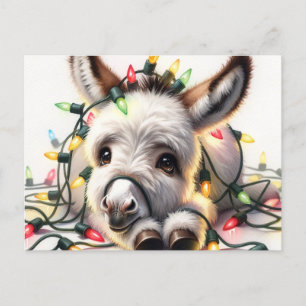 Carte Postale Adorable âne de Noël enveloppé dans les lumières
