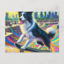 Carte Postale Adorable Bordure Collie Skateboard