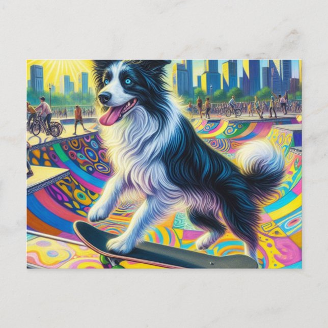 Carte Postale Adorable Bordure Collie Skateboard (Devant)