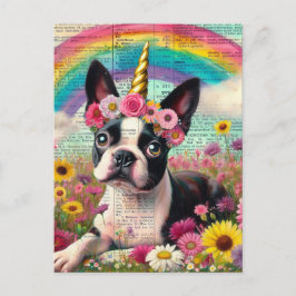 Carte Postale Adorable Boston Terrier Unicorn Chiot Fleurs sauva