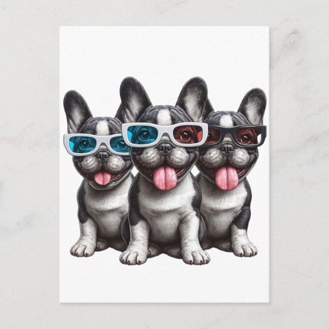 Carte Postale Adorable Bulldogs français avec lunettes de soleil (Devant)