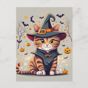 Carte Postale Adorable Chat de Sorcière Halloween
