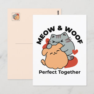 Carte Postale Adorable chat et chien Hug - Meow & Woof Design
