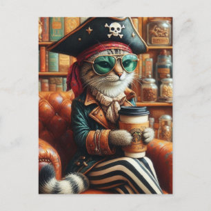 Carte Postale Adorable chat pirate avec café