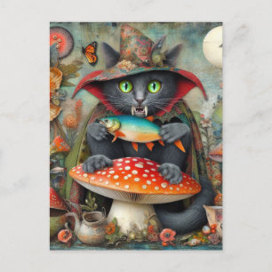 Carte Postale Adorable chat vampire avec un poisson sur un champ