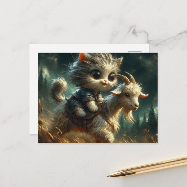 Carte Postale adorable chaton gris chevauchant une chèvre (Devant/Arrière en situation)