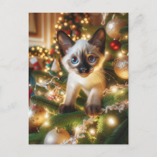 Carte Postale Adorable chaton siamois dans un arbre de Noël