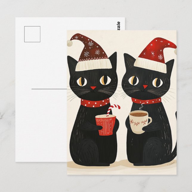 Carte Postale adorable Chats Noirs de Noël (Devant / Derrière)