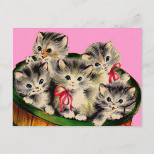 Carte Postale adorable corbeille des années 1950 o' chatons