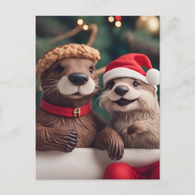 Carte Postale Adorable Festif Otters de Noël (Devant)