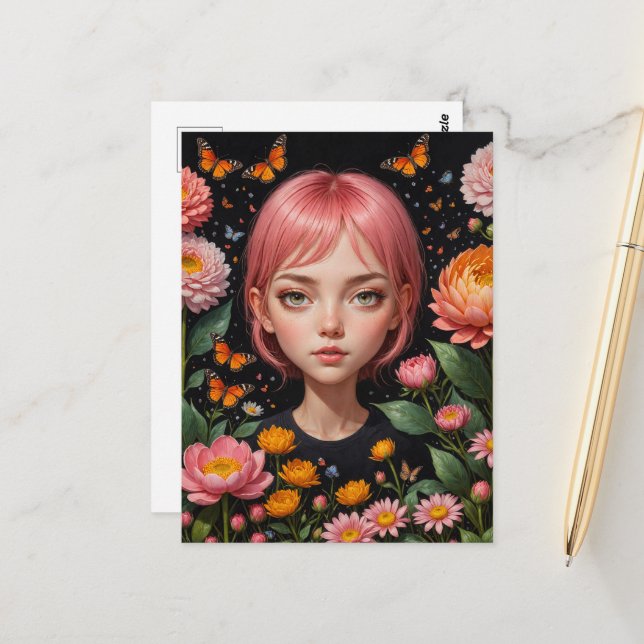 Carte Postale Adorable fille avec cheveux roses dans les fleurs (Devant/Arrière en situation)