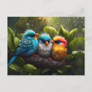Carte Postale Adorable Fluffy Oiseaux colorés sous la pluie