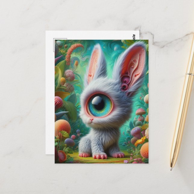 Carte Postale Adorable Fluffy One Eyed Bunny (Devant/Arrière en situation)