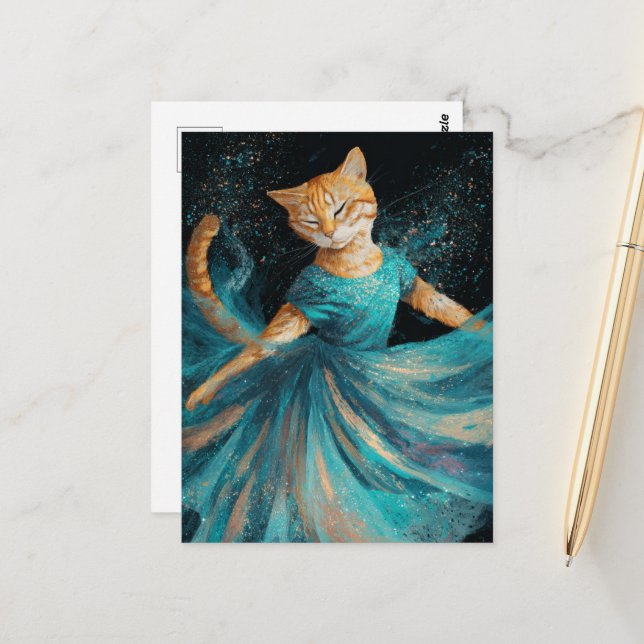 Carte Postale Adorable Gingembre de danse chat en robe bleue (Devant/Arrière en situation)