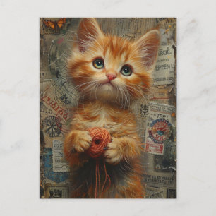 Carte Postale Adorable Ginger Kitten avec collage en fil