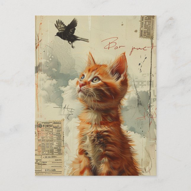 Carte Postale Adorable Ginger Kitten Avec Oiseau Noir Mélange Mé (Devant)