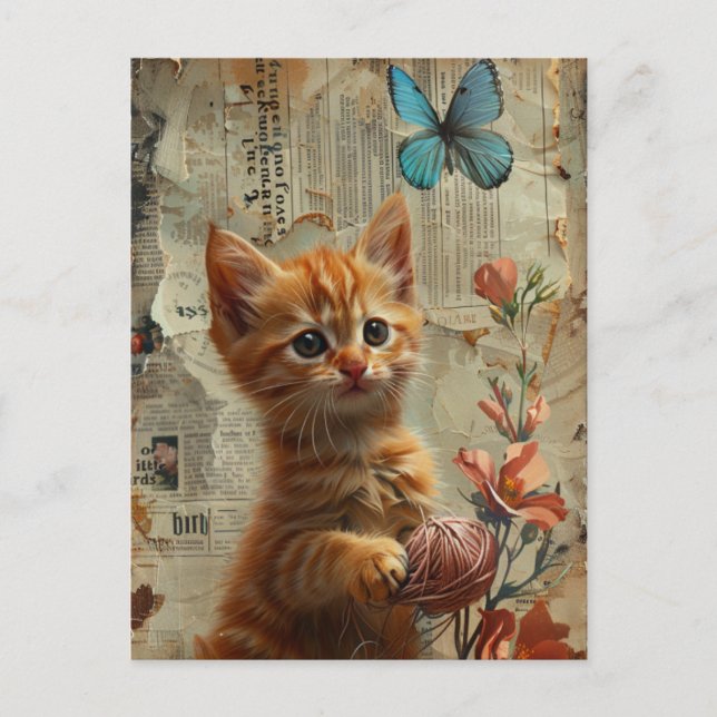 Carte Postale Adorable Ginger Kitten Avec papillon bleu Fil (Devant)