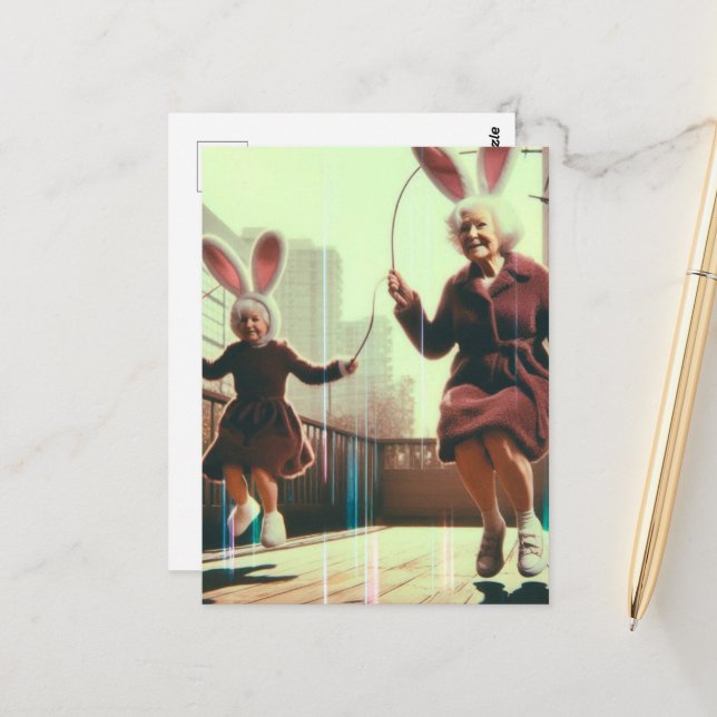 Carte Postale Adorable Granny Bunnies Pâques Jumping Rope Glitch (Devant/Arrière en situation)