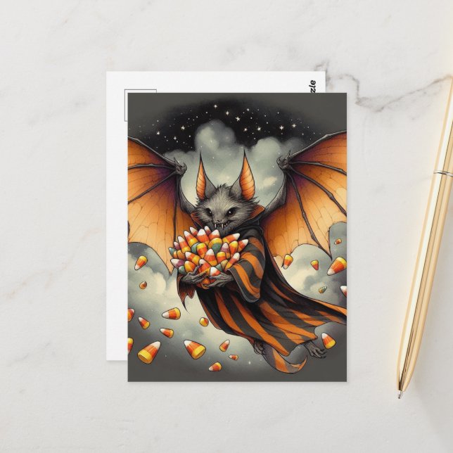 Carte Postale Adorable Halloween Bat With Candy (Devant/Arrière en situation)