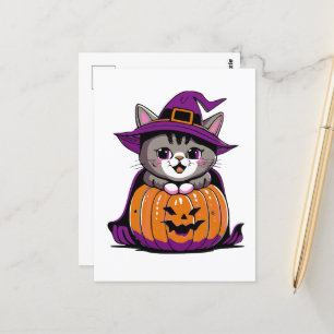 Carte Postale Adorable Halloween sorcier chat