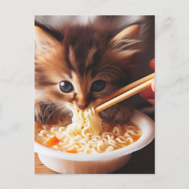 Carte Postale Adorable Kitten Consommer des nouilles (Devant)