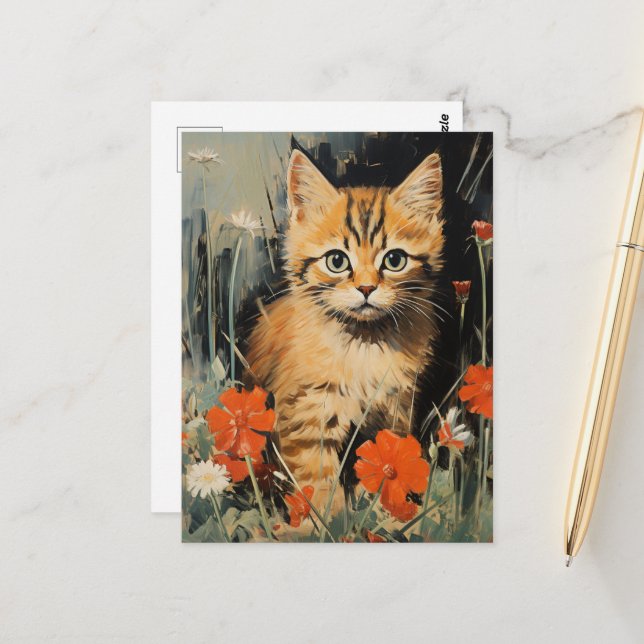 Carte Postale Adorable Kitten en Fleurs Peinture Vintage (Devant/Arrière en situation)