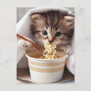 Carte Postale Adorable Kitten Manger Ramen nouilles