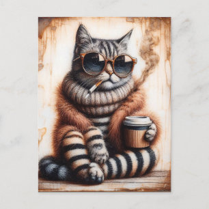 Carte Postale Adorable Kitty avec café