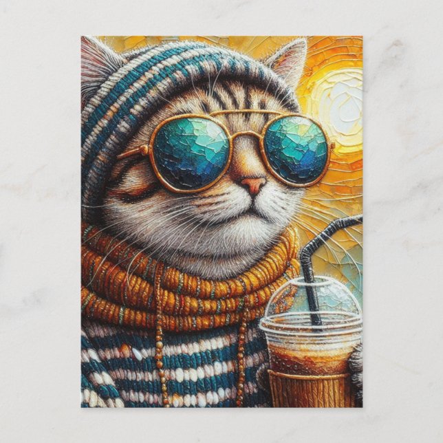 Carte Postale Adorable Kitty avec un café glacé (Devant)
