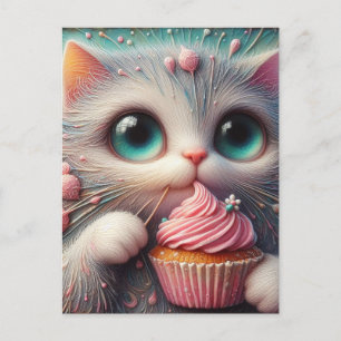 Carte Postale Adorable Kitty avec un gâteau rose