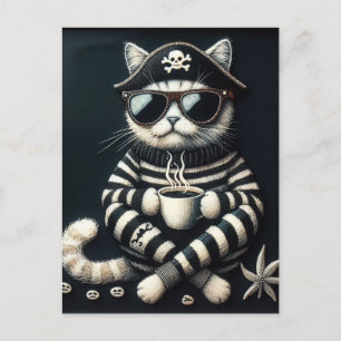 Carte Postale Adorable Kitty Pirate avec café