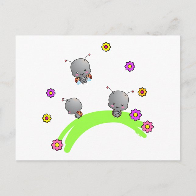 Carte postale adorable Ladybugs et fleurs (Devant)